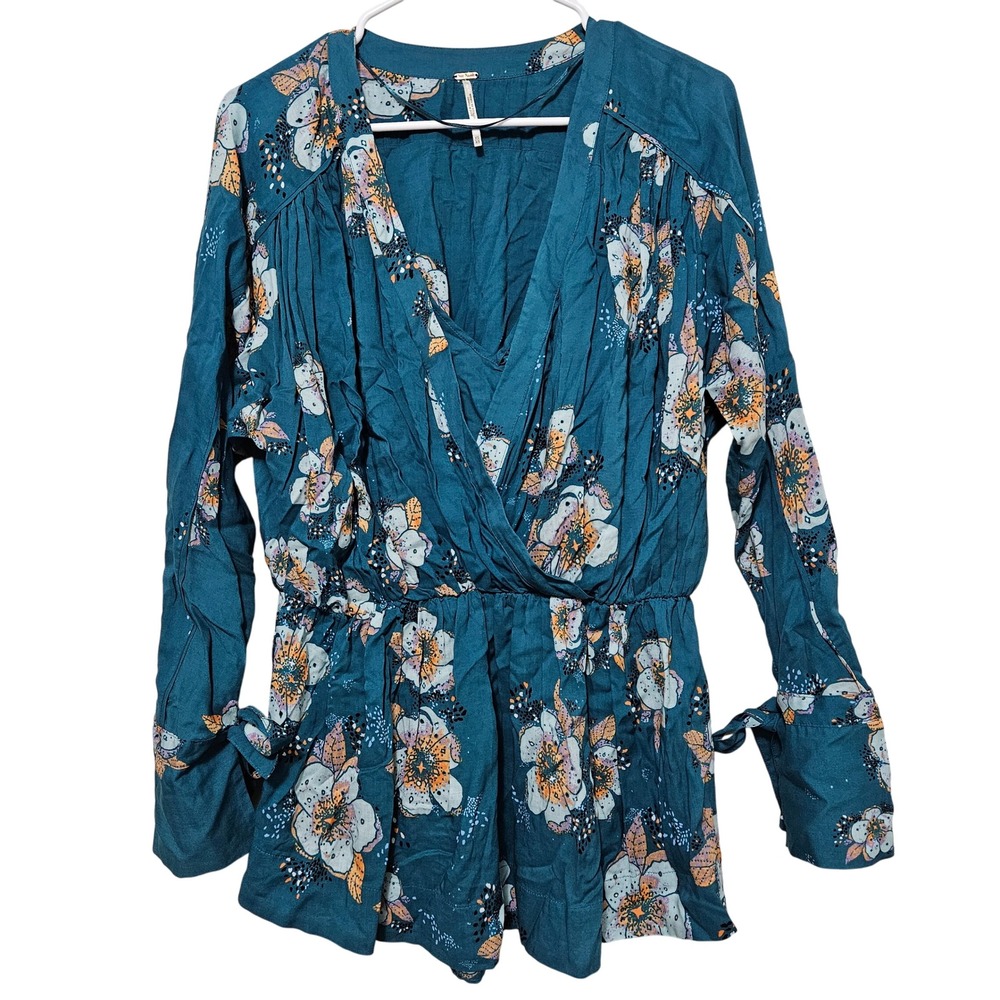 Free People Boho Chic Teal Floral Tuscan Dreams Tunic Mini Dress Romantic XS